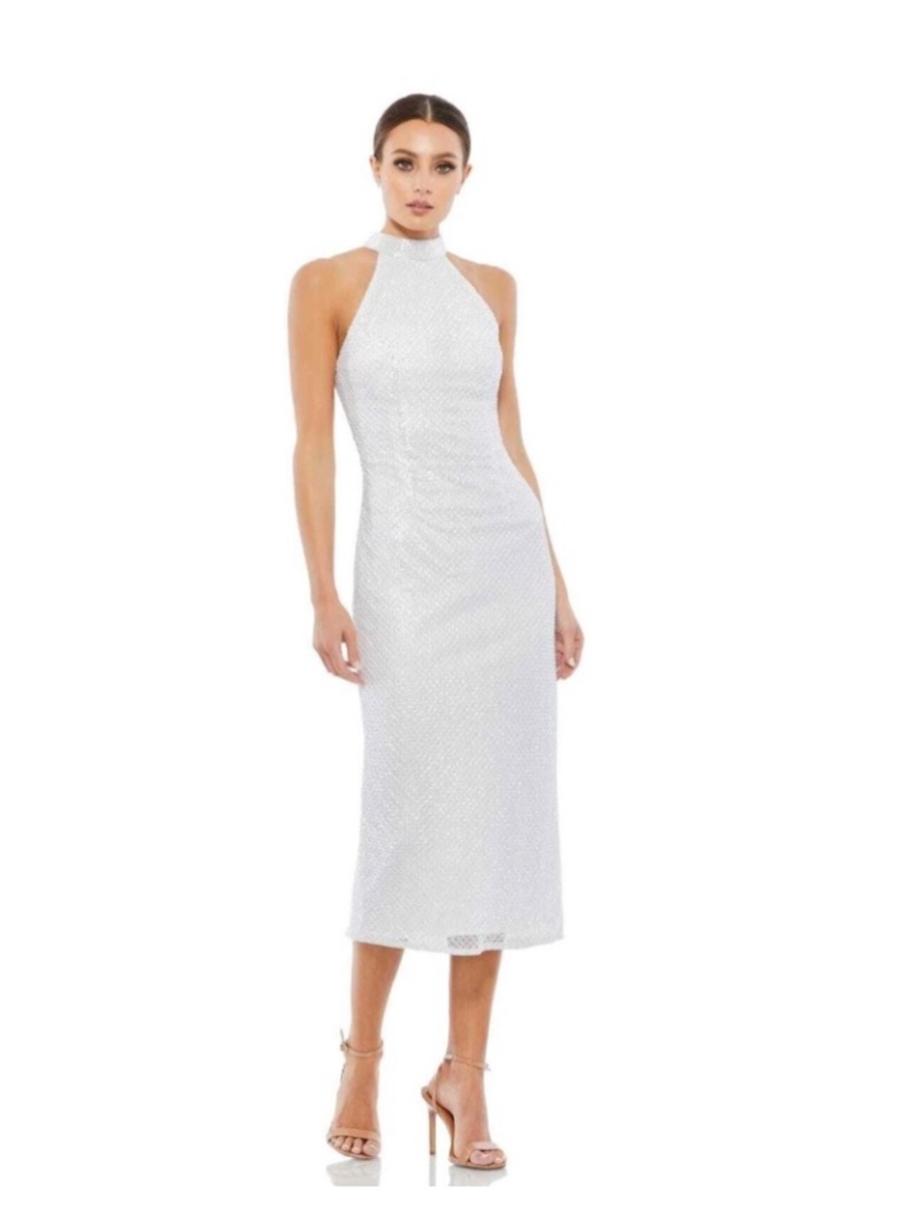 Mac Duggal Halter Neck White Sheath Midi Dress